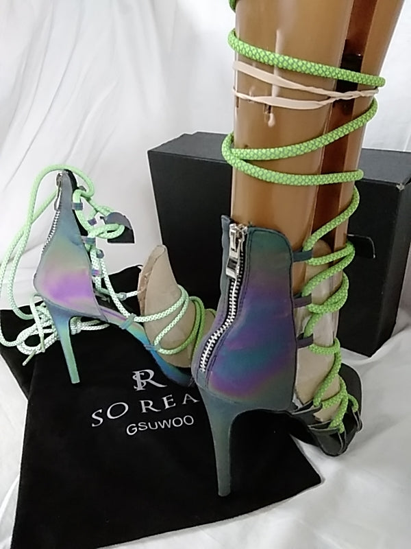 NWT- SO REAL of PARIS G$UWOO Women's High Heel Exotic Lace Up Sandals Size 9