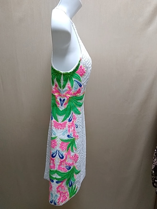 LILLY PULITZER - White Laced Shift Dress with Multi-Colored Embroidered Floral Design Size 2