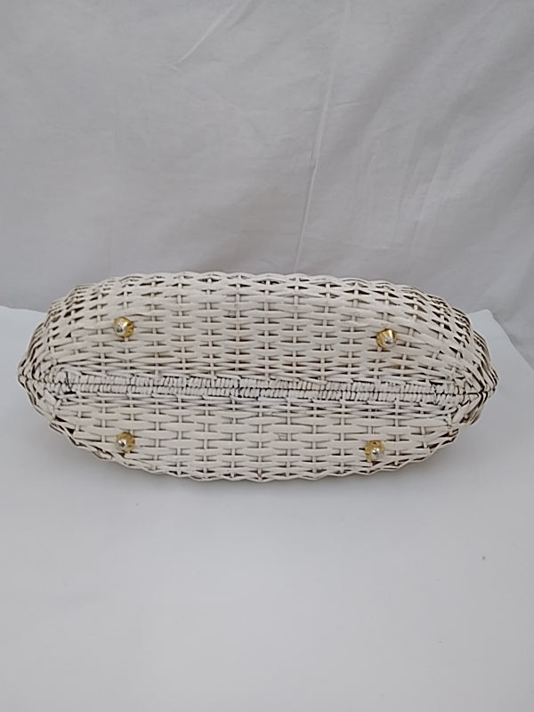 Rare HTF Vintage KORET White Wicker and Gold Snap Clutch Top Handle Purse (flaws)