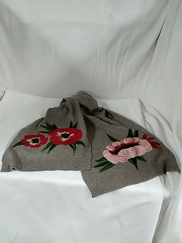 J.JILL Brownish-Grey Rectangle Scarf Wool Felt Floral Needle Punch Technique Like NEW