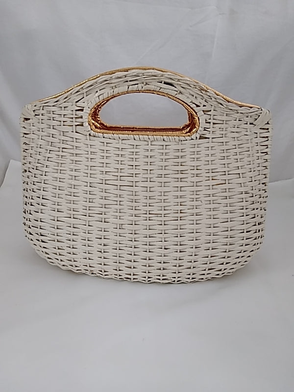 Rare HTF Vintage KORET White Wicker and Gold Snap Clutch Top Handle Purse (flaws)