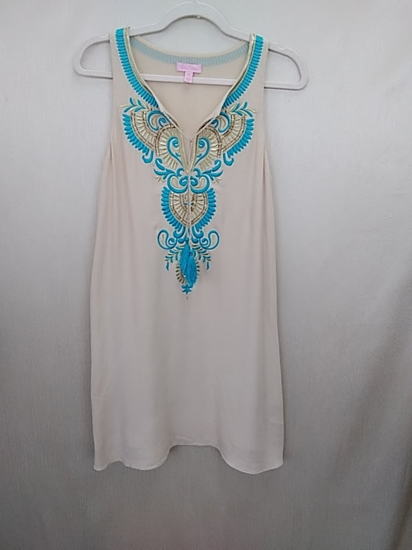 LILLY PULITZER Beige Turquoise Gold Embroidered Beaded Camilla V-Neck Shift Dress - S