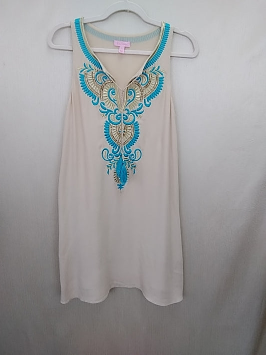 LILLY PULITZER Beige Turquoise Gold Embroidered Beaded Camilla V-Neck Shift Dress - S