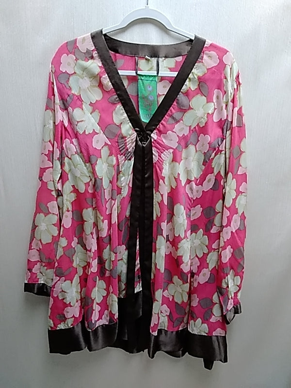 JOHNNY WAS pink brown Floral Long Sleeve Kimono Style Cover Up Top - Size: M