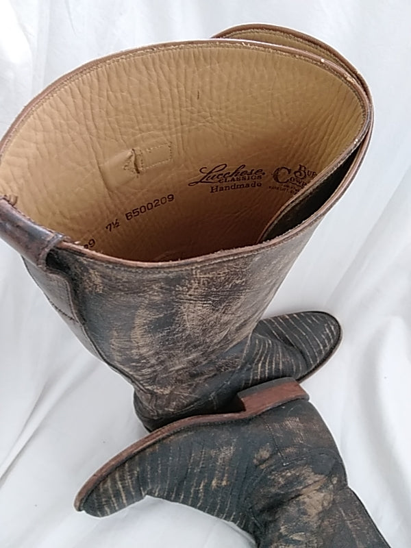 LUCCHESE Women's Brown Equestrian Riding Tall Buckle Cowboy Boots Handmade Leather - Size 7.5