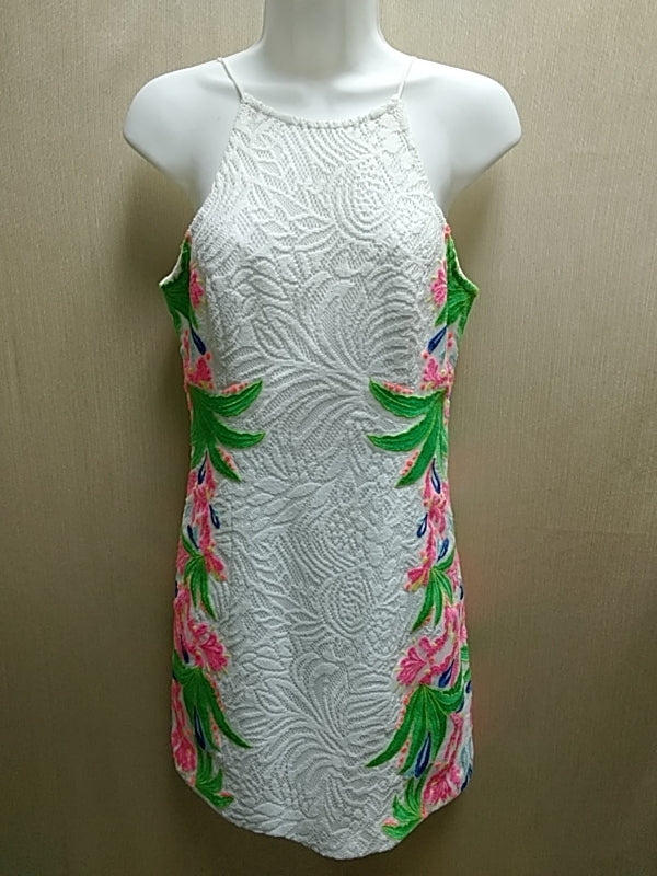 LILLY PULITZER - White Laced Shift Dress with Multi-Colored Embroidered Floral Design Size 2