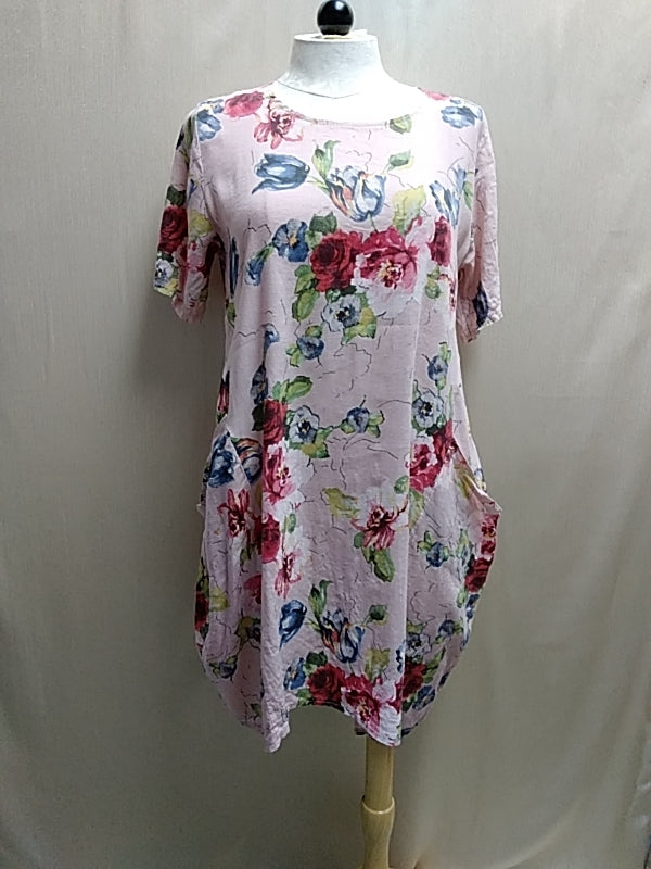 SAGA Blush Pink with Floral Print Linen Dress - Size: XL
