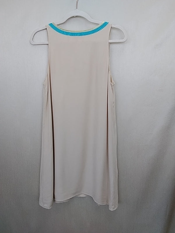 LILLY PULITZER Beige Turquoise Gold Embroidered Beaded Camilla V-Neck Shift Dress - S