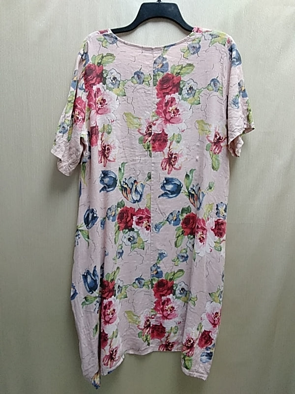 SAGA Blush Pink with Floral Print Linen Dress - Size: XL