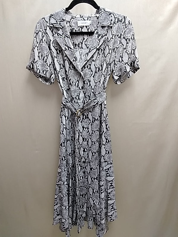 ALC Clarkson Women's 100% Silk Snake Print Drop Waist Midi Dress Modern Tailored Size 10
