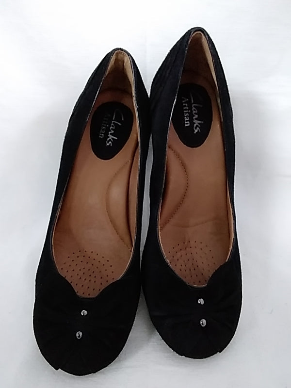 CLARKS Womens Society Ball Black Suede Bow Pumps Comfort Heels - Size: 5