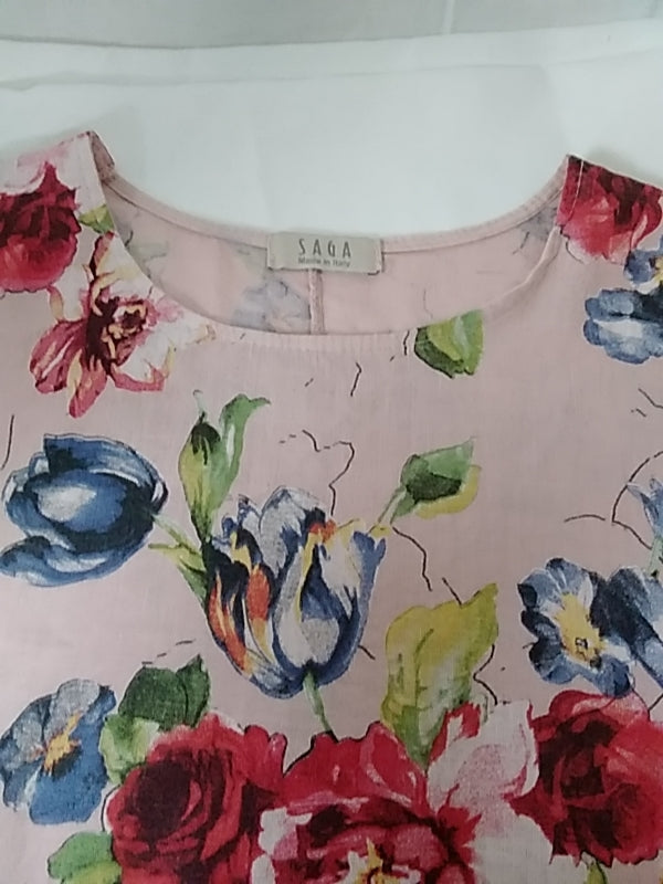 SAGA Blush Pink with Floral Print Linen Dress - Size: XL
