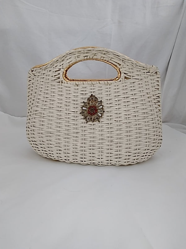 Rare HTF Vintage KORET White Wicker and Gold Snap Clutch Top Handle Purse (flaws)