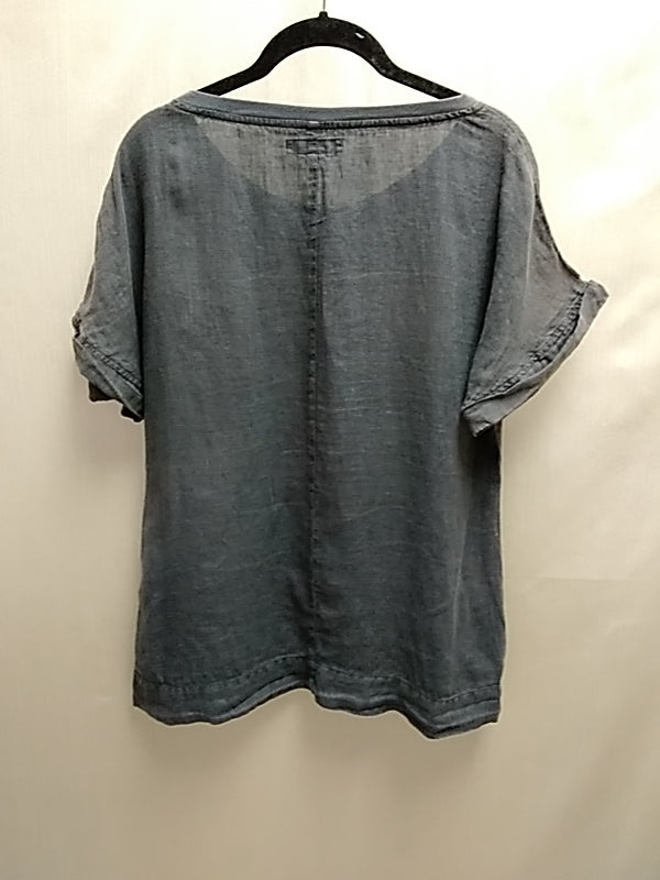FLAX Charcoal Gray Linen Relaxed Blouse Short Sleeve Lightweight Casual Everyday Shirt - Small
