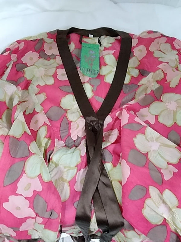 JOHNNY WAS pink brown Floral Long Sleeve Kimono Style Cover Up Top - Size: M