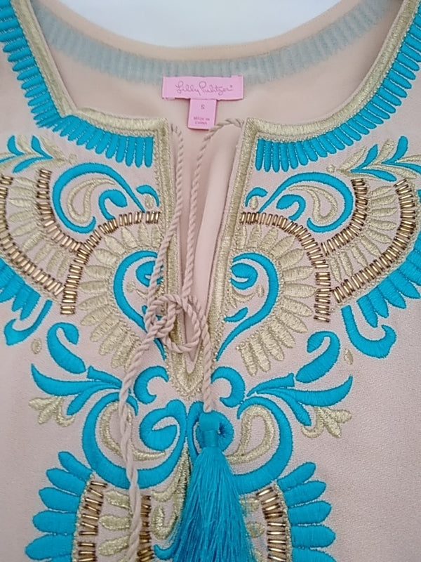 LILLY PULITZER Beige Turquoise Gold Embroidered Beaded Camilla V-Neck Shift Dress - S