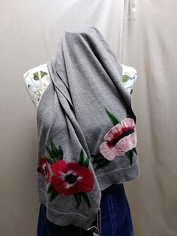 J.JILL Brownish-Grey Rectangle Scarf Wool Felt Floral Needle Punch Technique Like NEW
