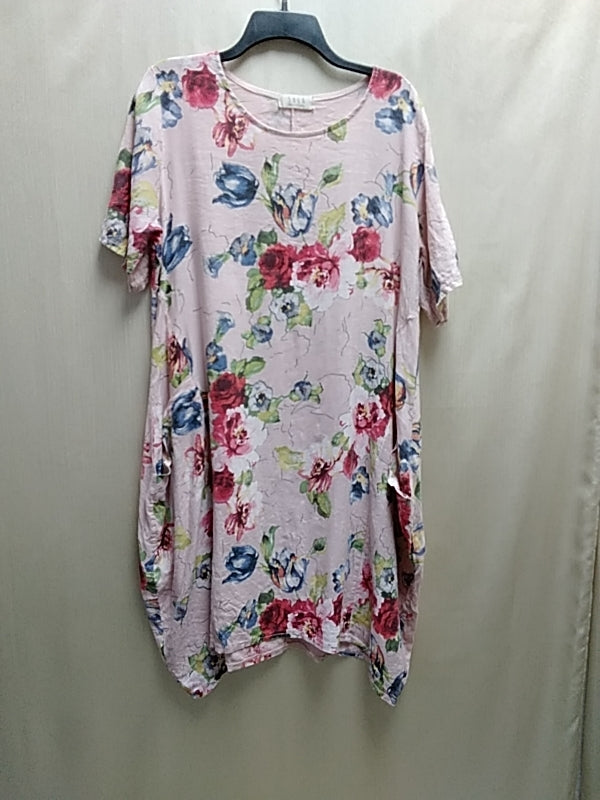 SAGA Blush Pink with Floral Print Linen Dress - Size: XL