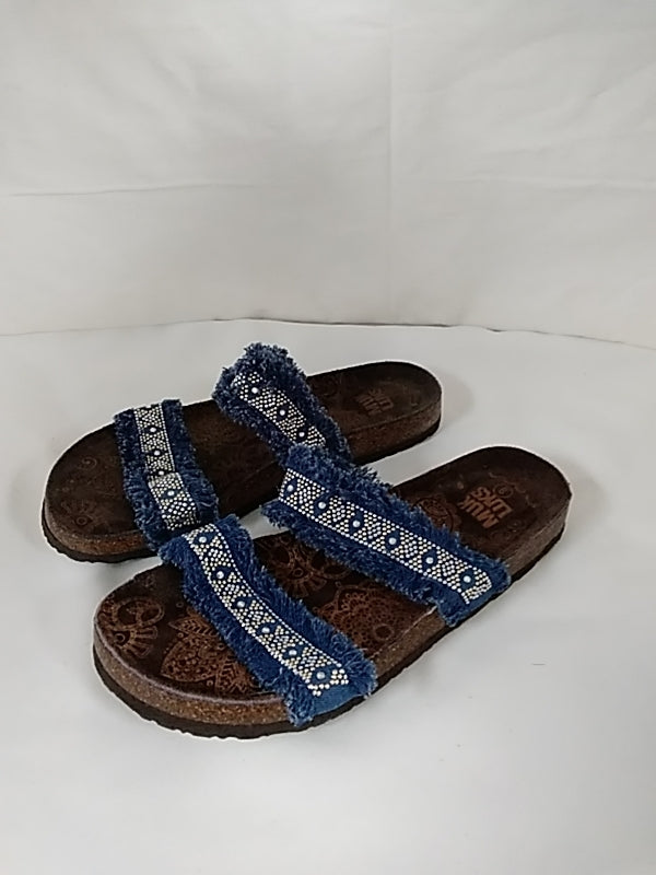MUK LUKS Eloise Denim Straps Cork Jeweled Boho Sandals Slides Women's Size 9 LNWOB