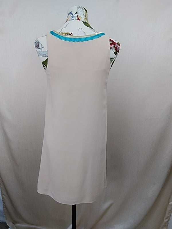 LILLY PULITZER Beige Turquoise Gold Embroidered Beaded Camilla V-Neck Shift Dress - S