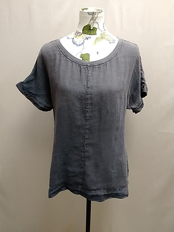FLAX Charcoal Gray Linen Relaxed Blouse Short Sleeve Lightweight Casual Everyday Shirt - Small