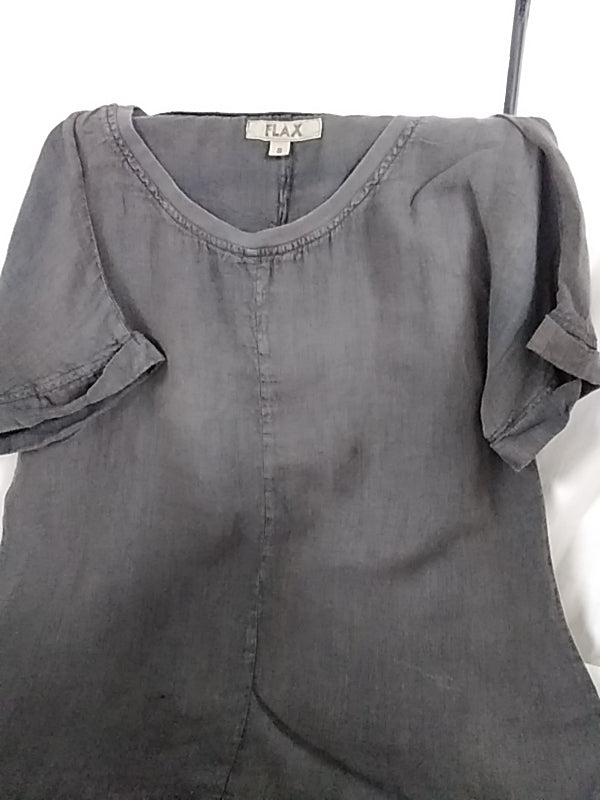 FLAX Charcoal Gray Linen Relaxed Blouse Short Sleeve Lightweight Casual Everyday Shirt - Small
