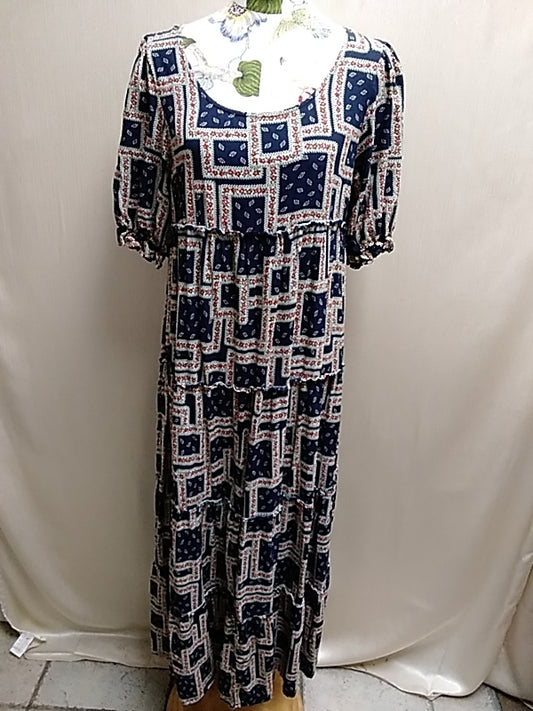 NATURAL LIFE Navy Geo Floral Print Short Sleeve Maxi Dress - Size: Small
