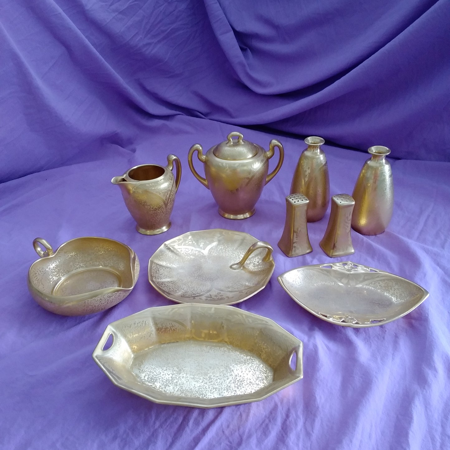 Vintage Gold Encrusted Etched Porcelain 10 piece Set - Flower Design