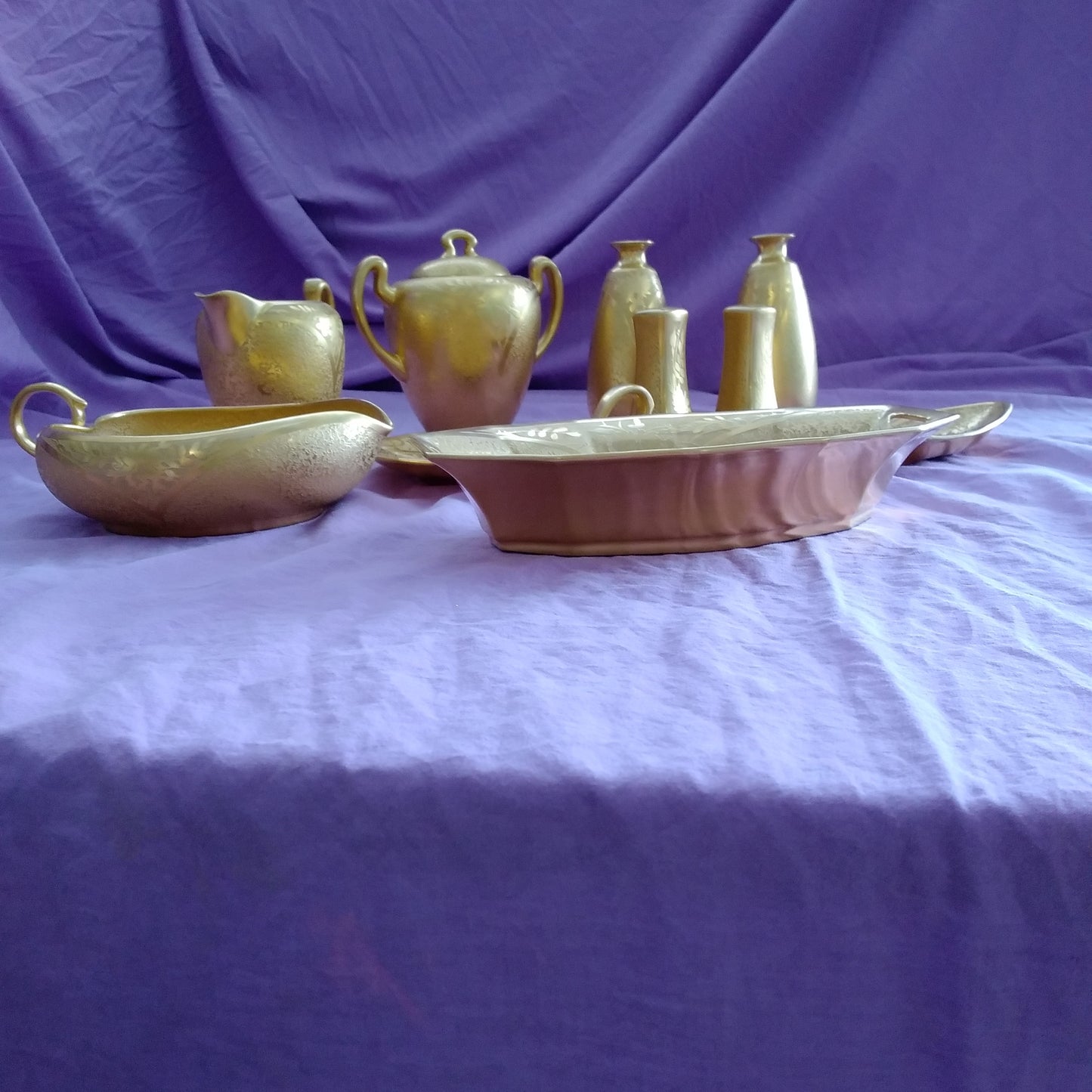 Vintage Gold Encrusted Etched Porcelain 10 piece Set - Flower Design