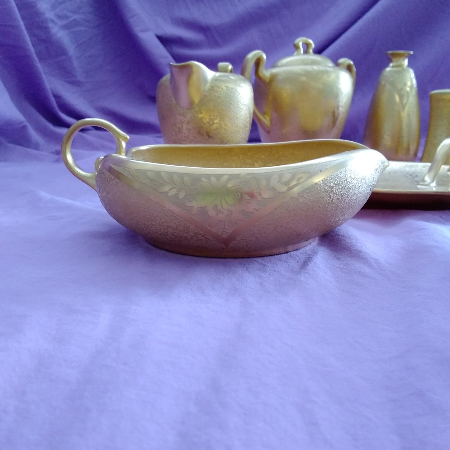 Vintage Gold Encrusted Etched Porcelain 10 piece Set - Flower Design