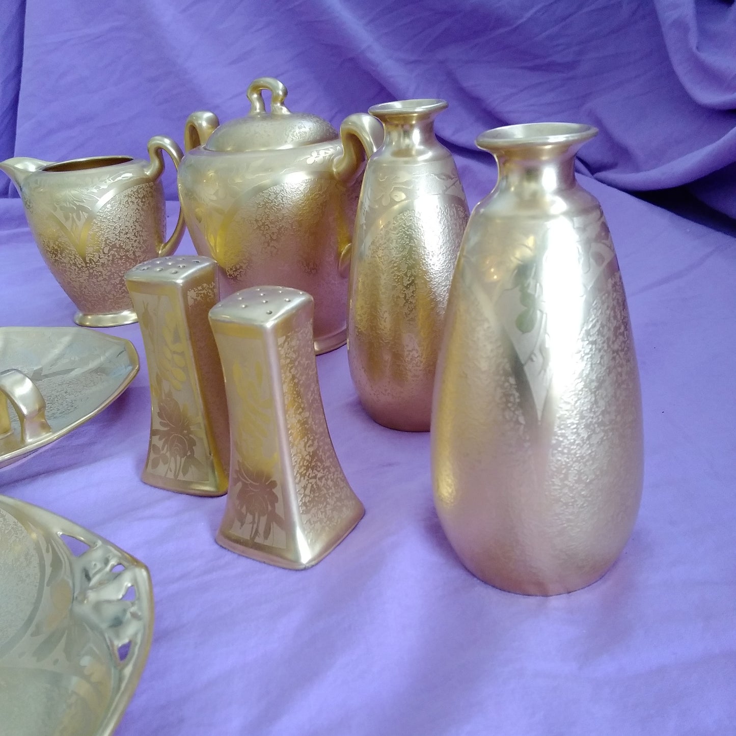 Vintage Gold Encrusted Etched Porcelain 10 piece Set - Flower Design
