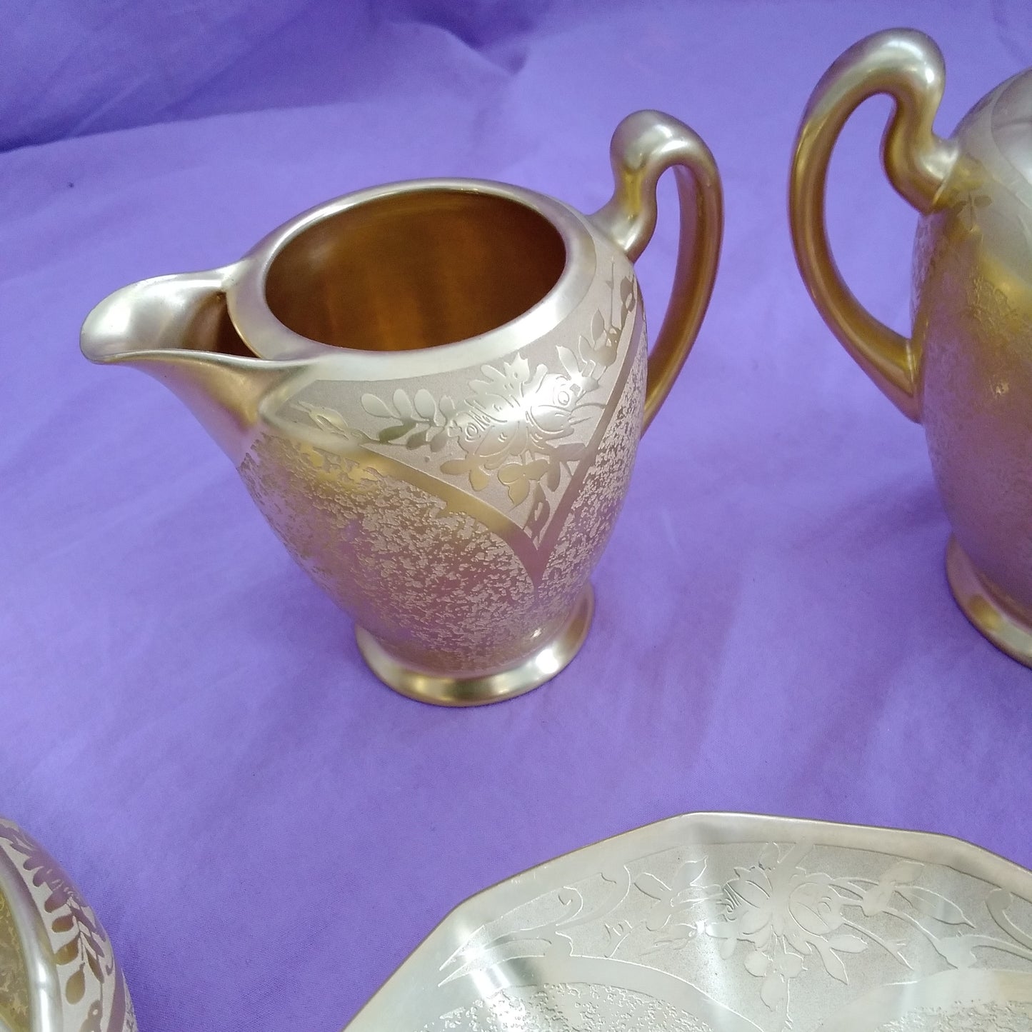 Vintage Gold Encrusted Etched Porcelain 10 piece Set - Flower Design