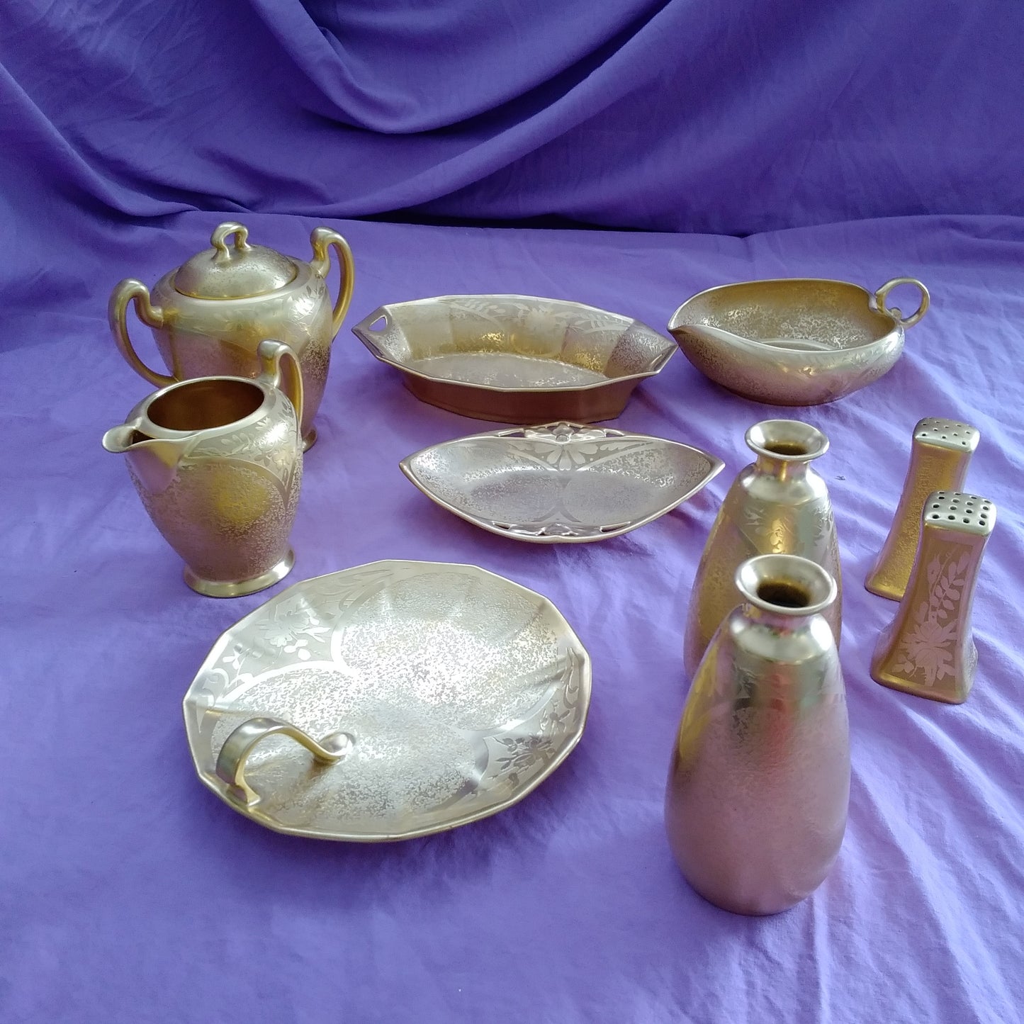 Vintage Gold Encrusted Etched Porcelain 10 piece Set - Flower Design