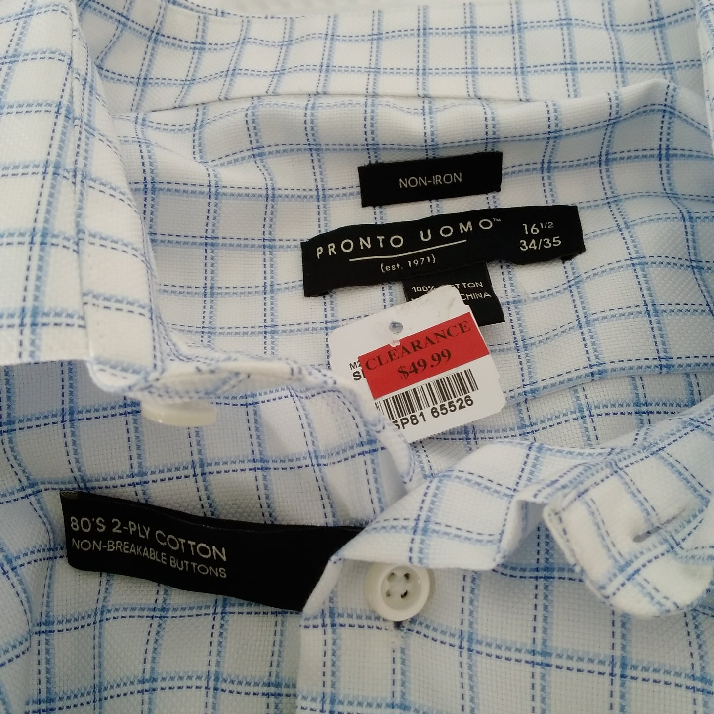 NWT - Pronto Uomo Men's Blue White Checkered Shirt - 16.5 34/35