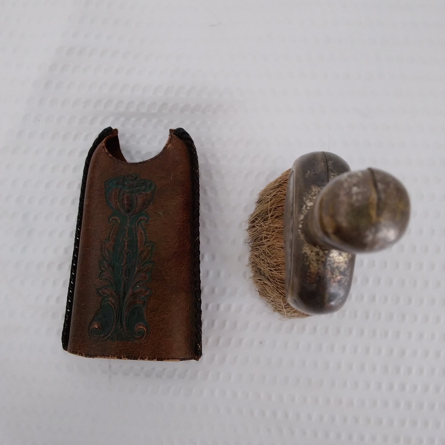 Vintage Pocket/Barber Brush with Metal Handle and Leather Case