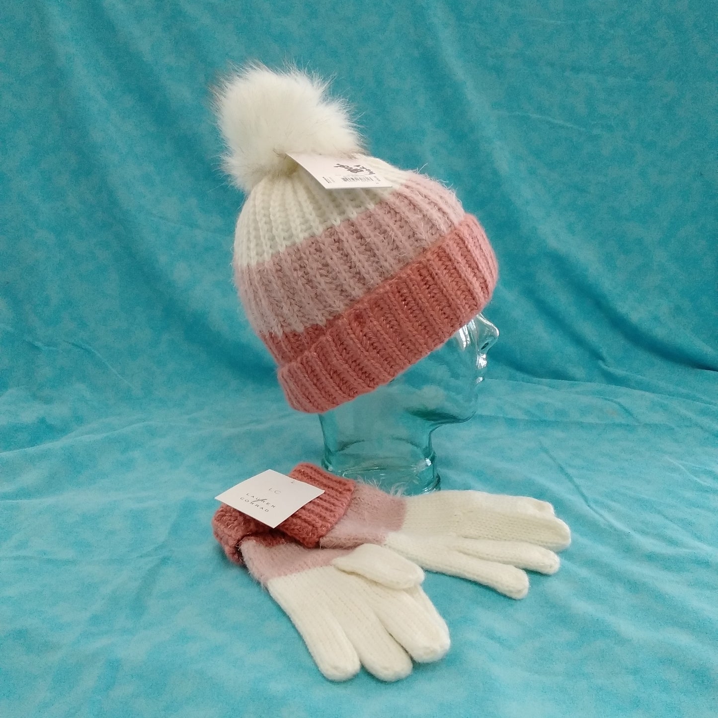NWT - Lauren Conrad Women's Blush Pom Pom Beanie Hat & Gloves - Size: 0/S
