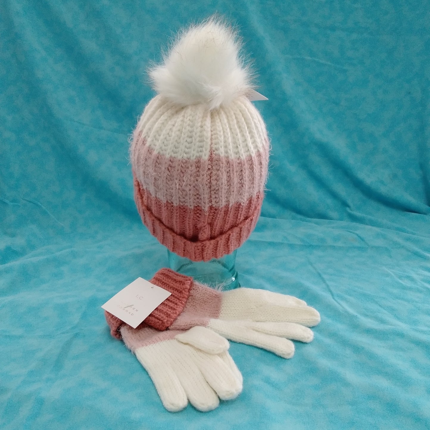 NWT - Lauren Conrad Women's Blush Pom Pom Beanie Hat & Gloves - Size: 0/S