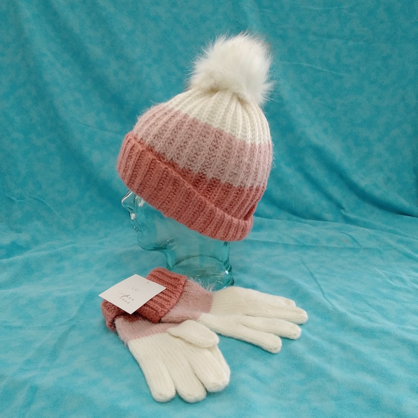 NWT - Lauren Conrad Women's Blush Pom Pom Beanie Hat & Gloves - Size: 0/S
