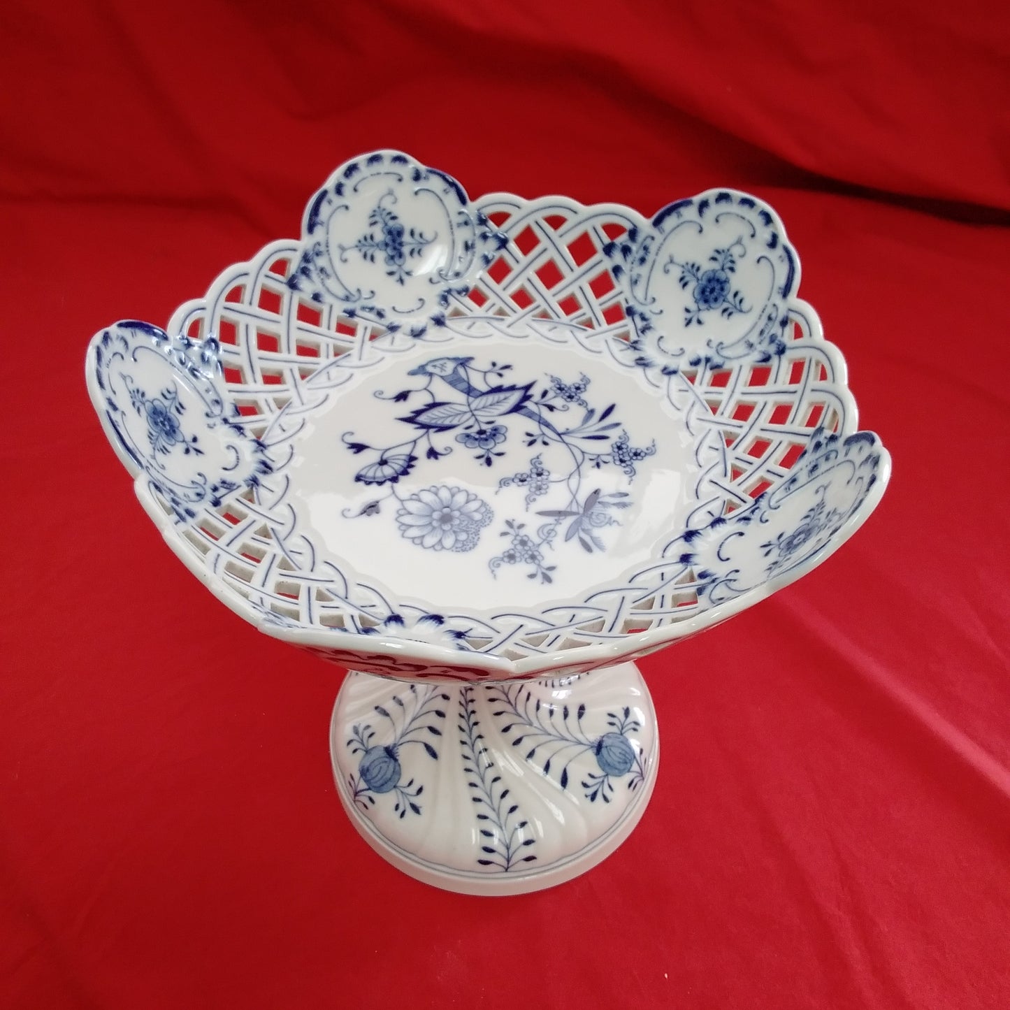 VTG Meissen Blue Onion Open Work Pierced Porcelain Compote - Damaged/Chipped