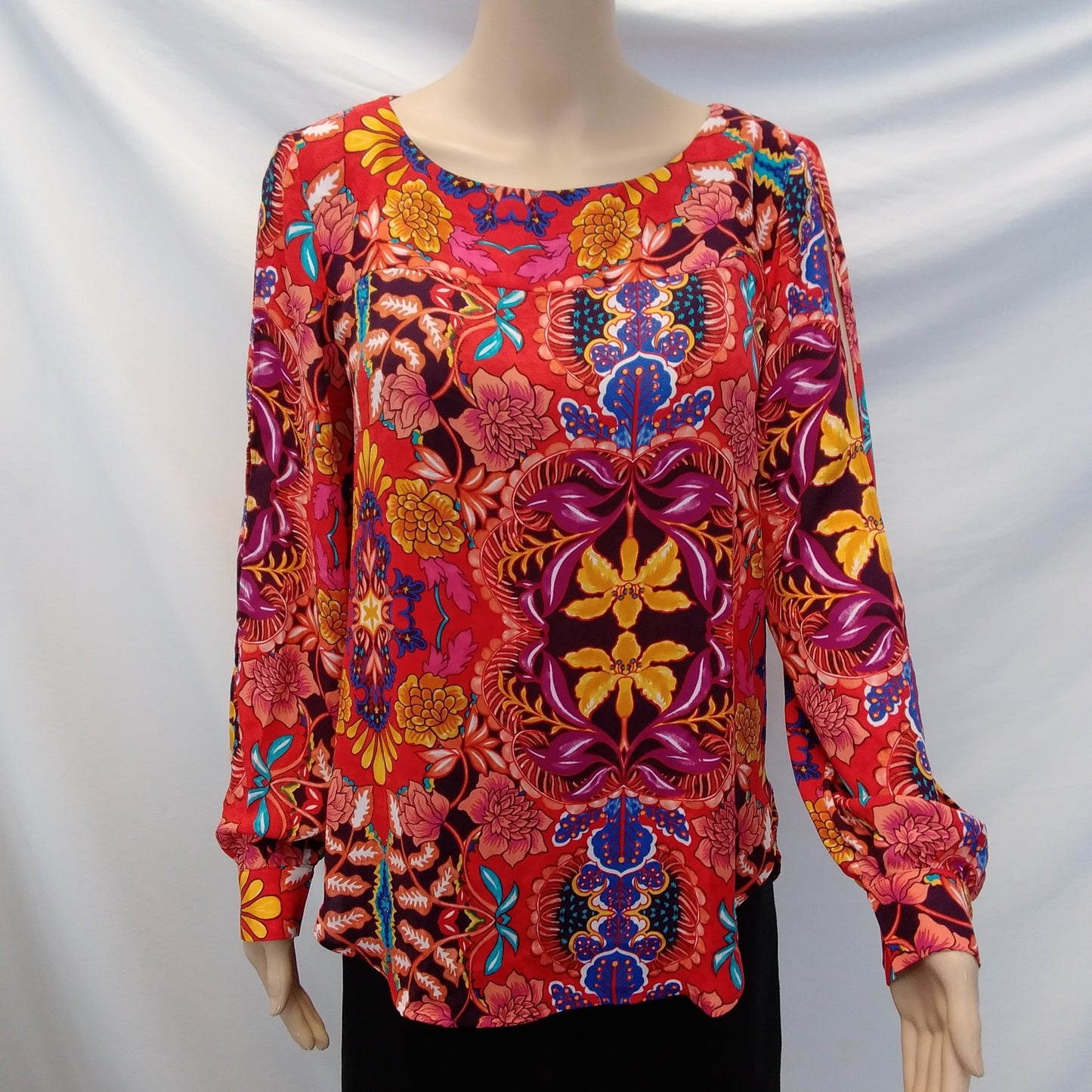 NWT - LOFT Red Multicolor Floral Print Split Long Sleeve Top - Size: S