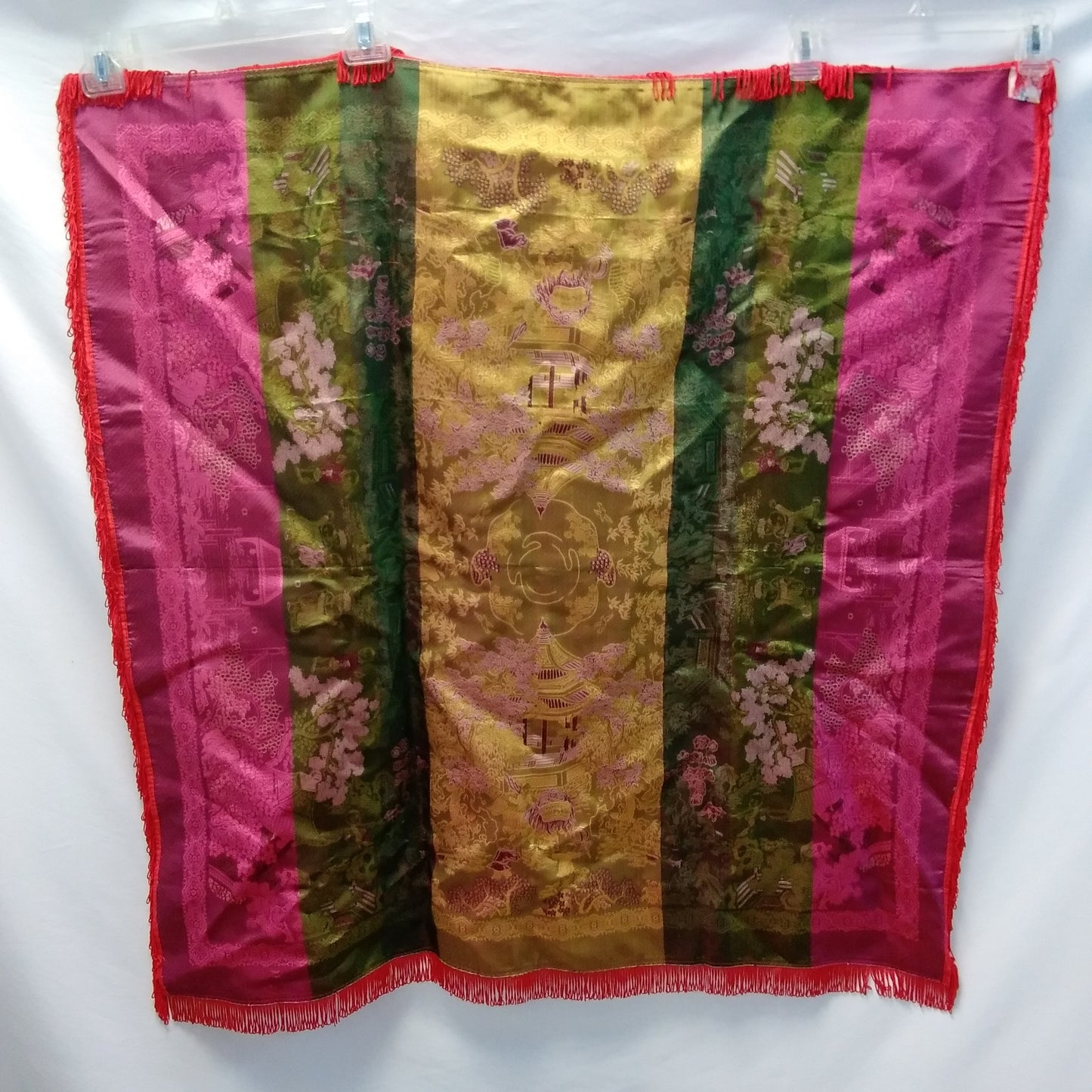 Brocaded Flowers Chinese Silk Embroidered Red Tapestry Cloth With Fringe