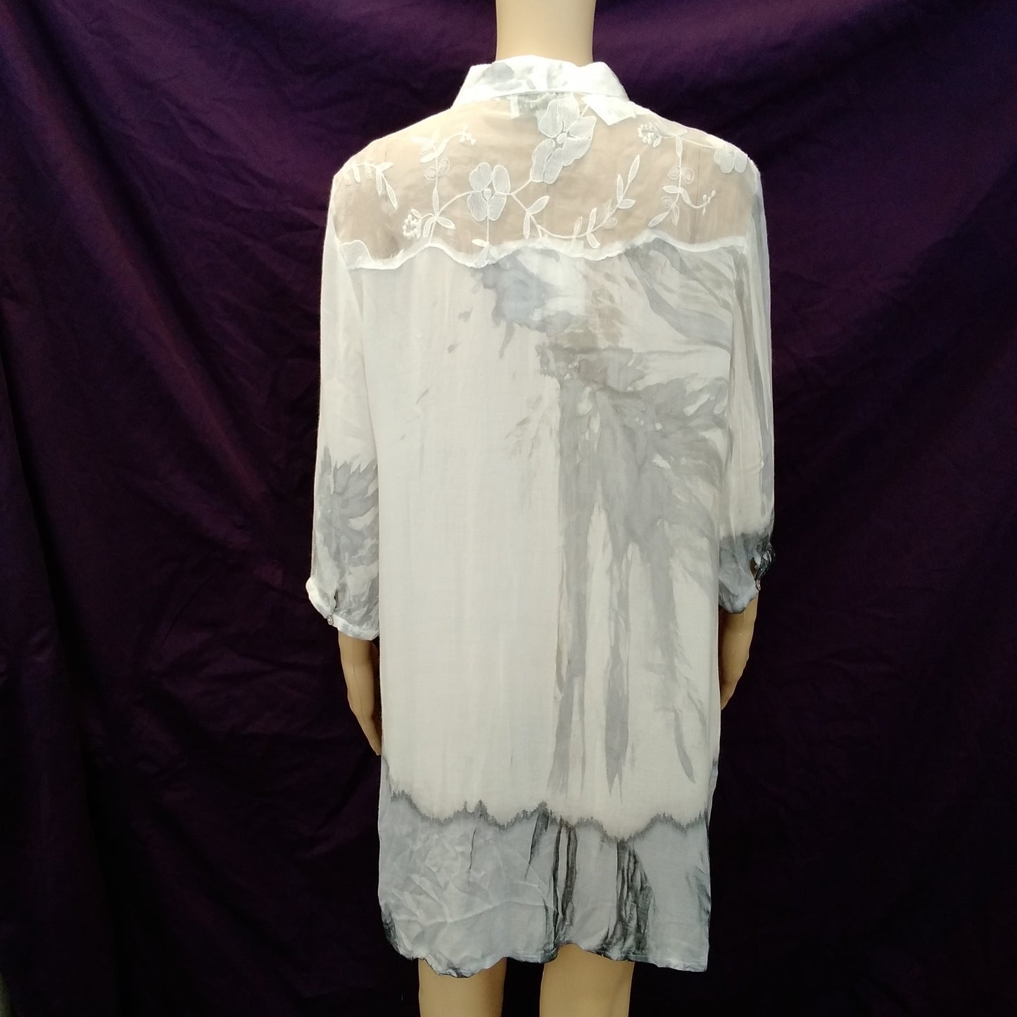 NWT - Belle France White Gray Lace 3/4 Sleeve Blouse - L