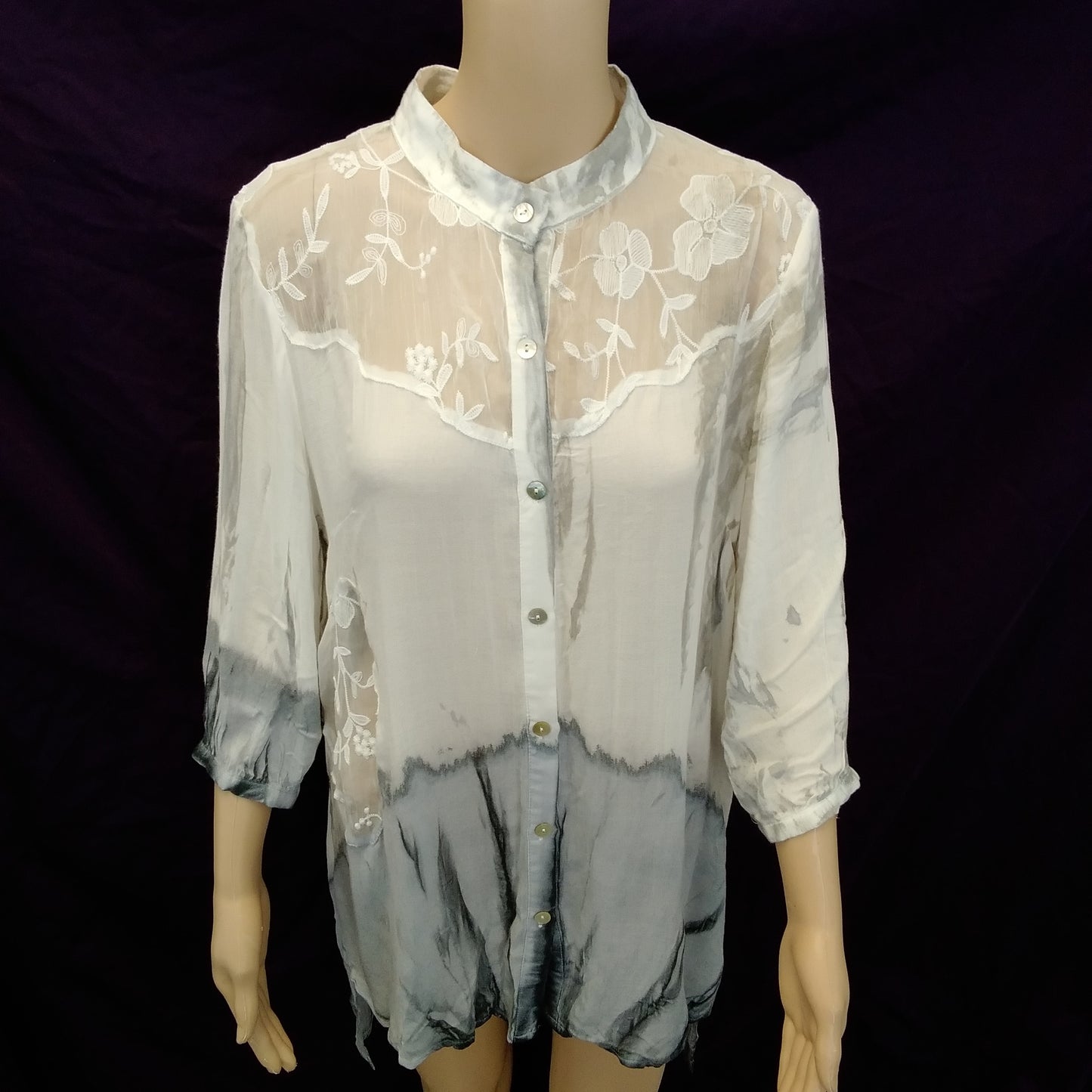 NWT - Belle France White Gray Lace 3/4 Sleeve Blouse - L