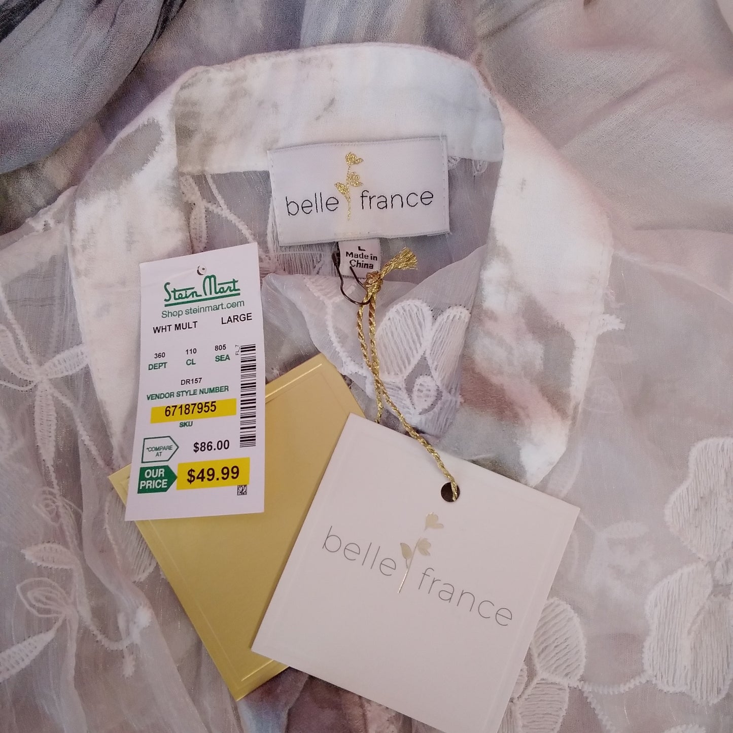 NWT - Belle France White Gray Lace 3/4 Sleeve Blouse - L