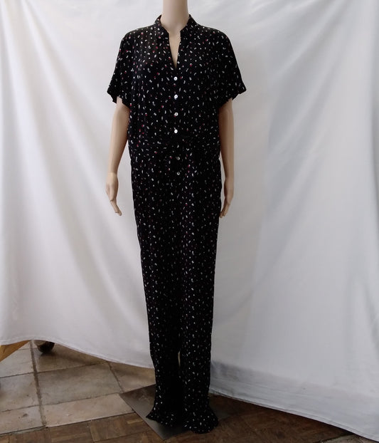 NWT - J. Jill Twist Tie Wide Leg Black Floral Print Button Up Jumpsuit - Size: L