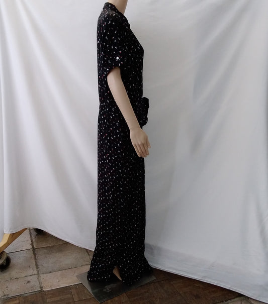 NWT - J. Jill Twist Tie Wide Leg Black Floral Print Button Up Jumpsuit - Size: L