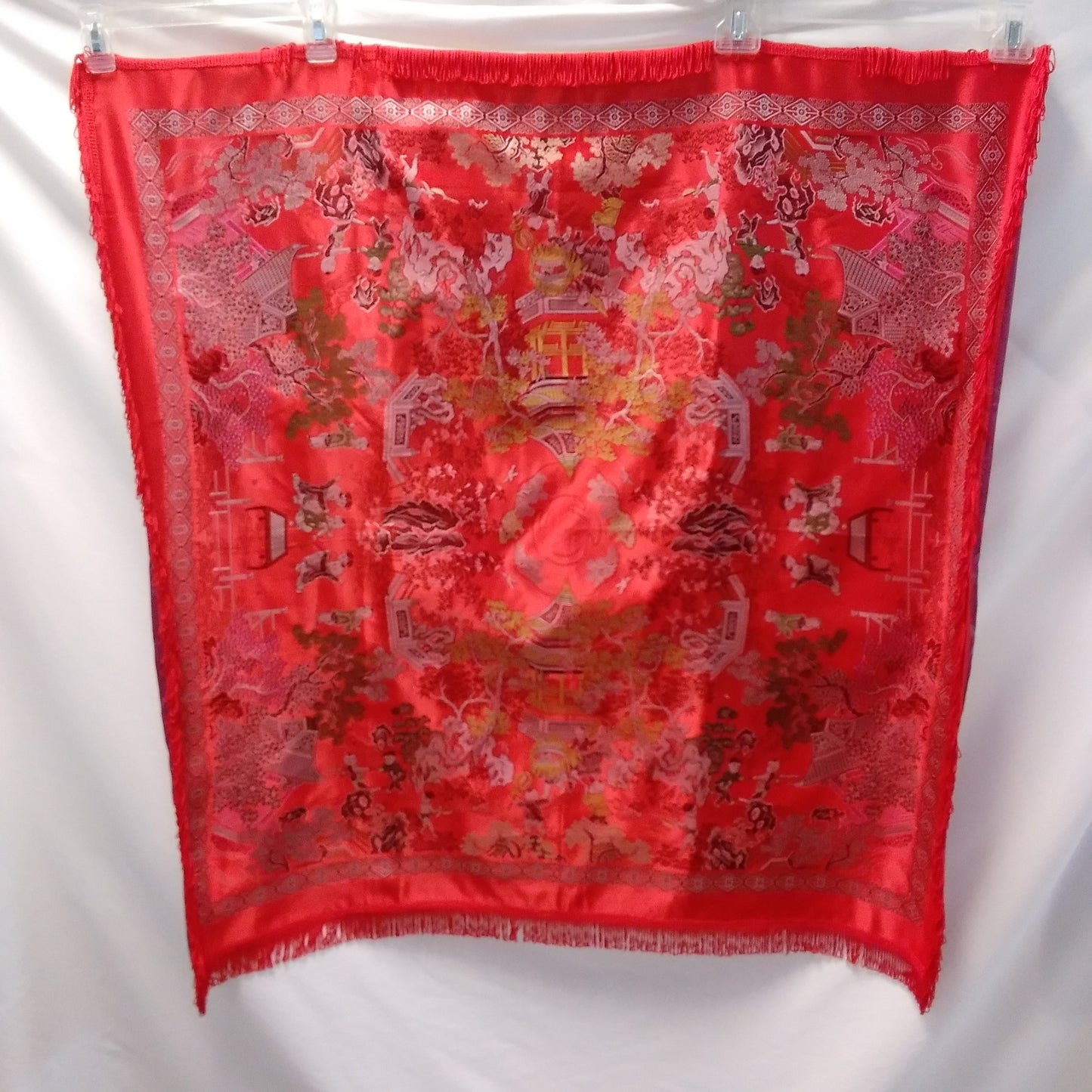 Brocaded Flowers Chinese Silk Embroidered Red Tapestry Cloth With Fringe