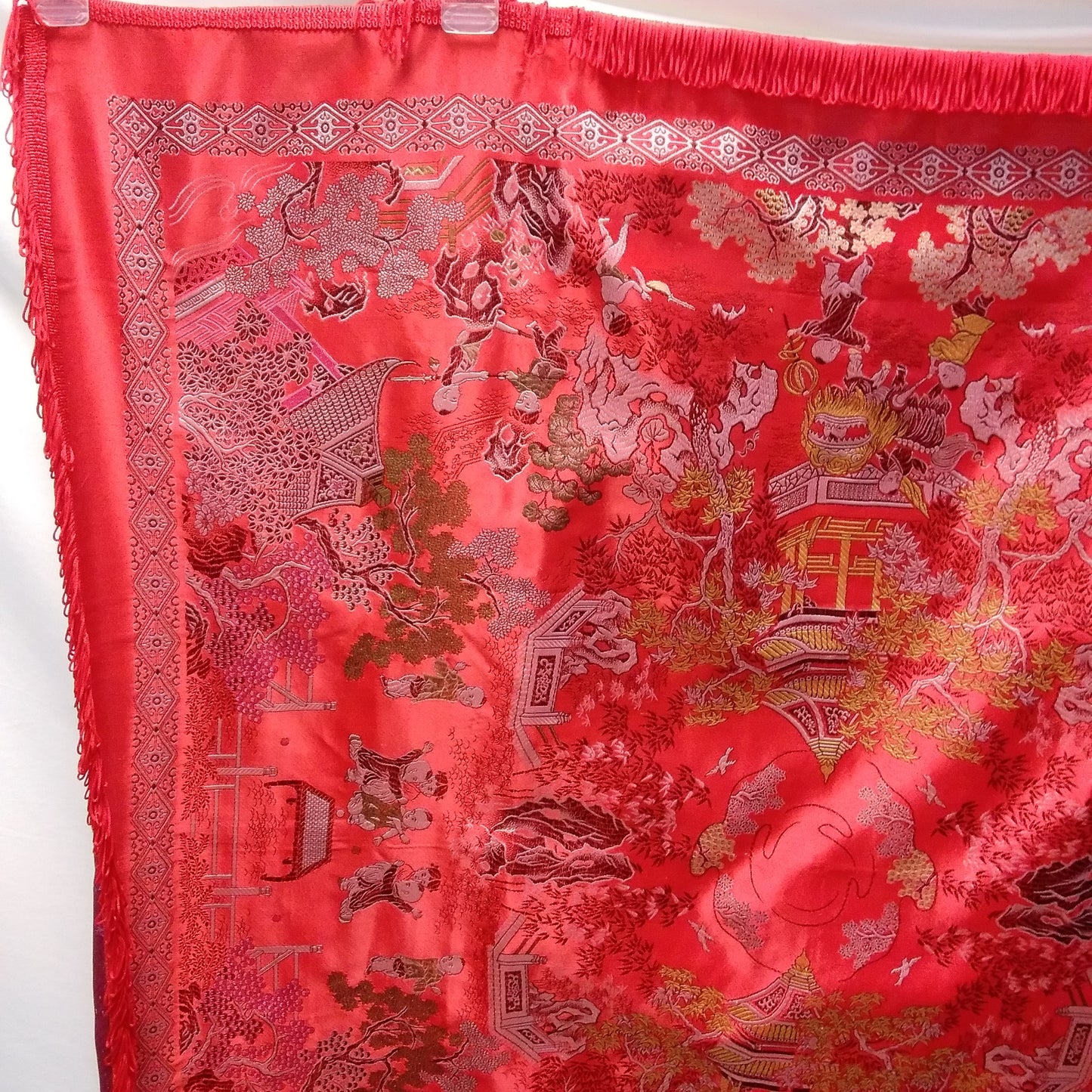 Brocaded Flowers Chinese Silk Embroidered Red Tapestry Cloth With Fringe