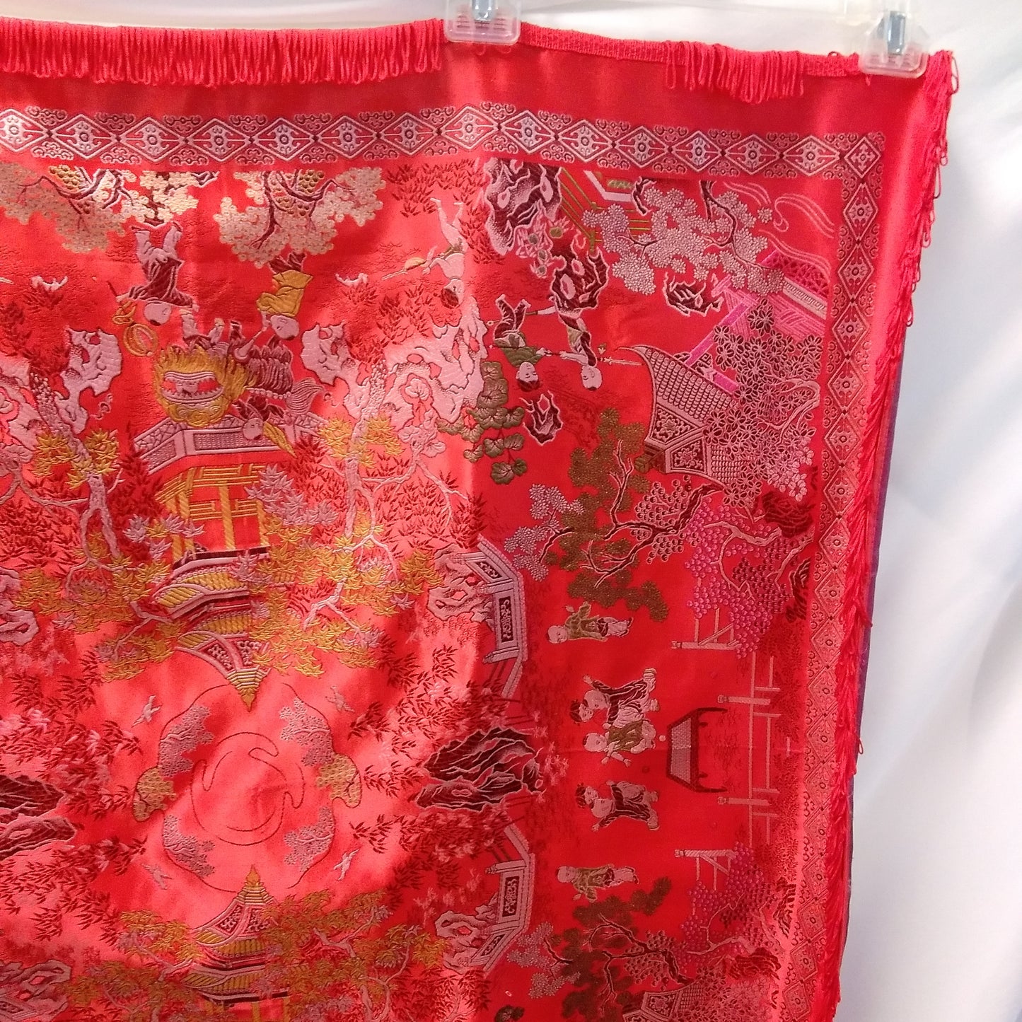 Brocaded Flowers Chinese Silk Embroidered Red Tapestry Cloth With Fringe