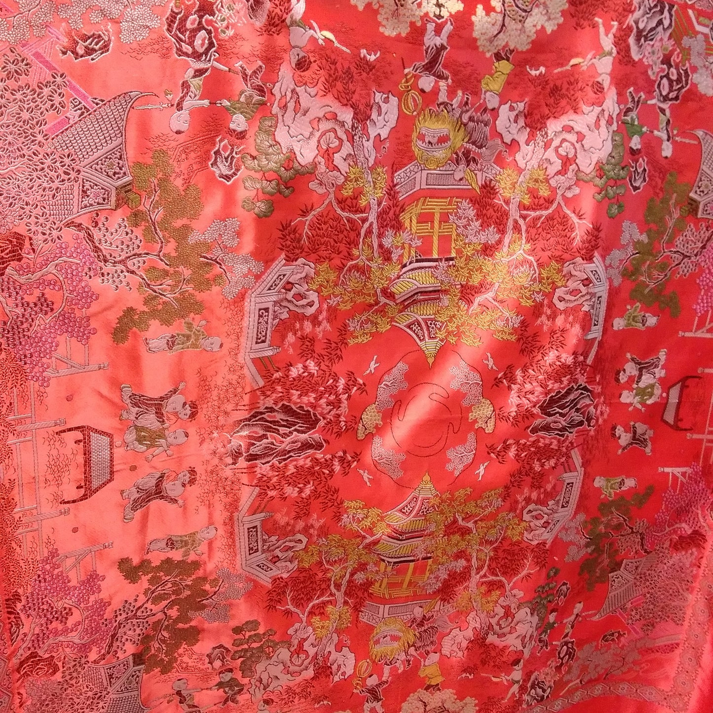 Brocaded Flowers Chinese Silk Embroidered Red Tapestry Cloth With Fringe